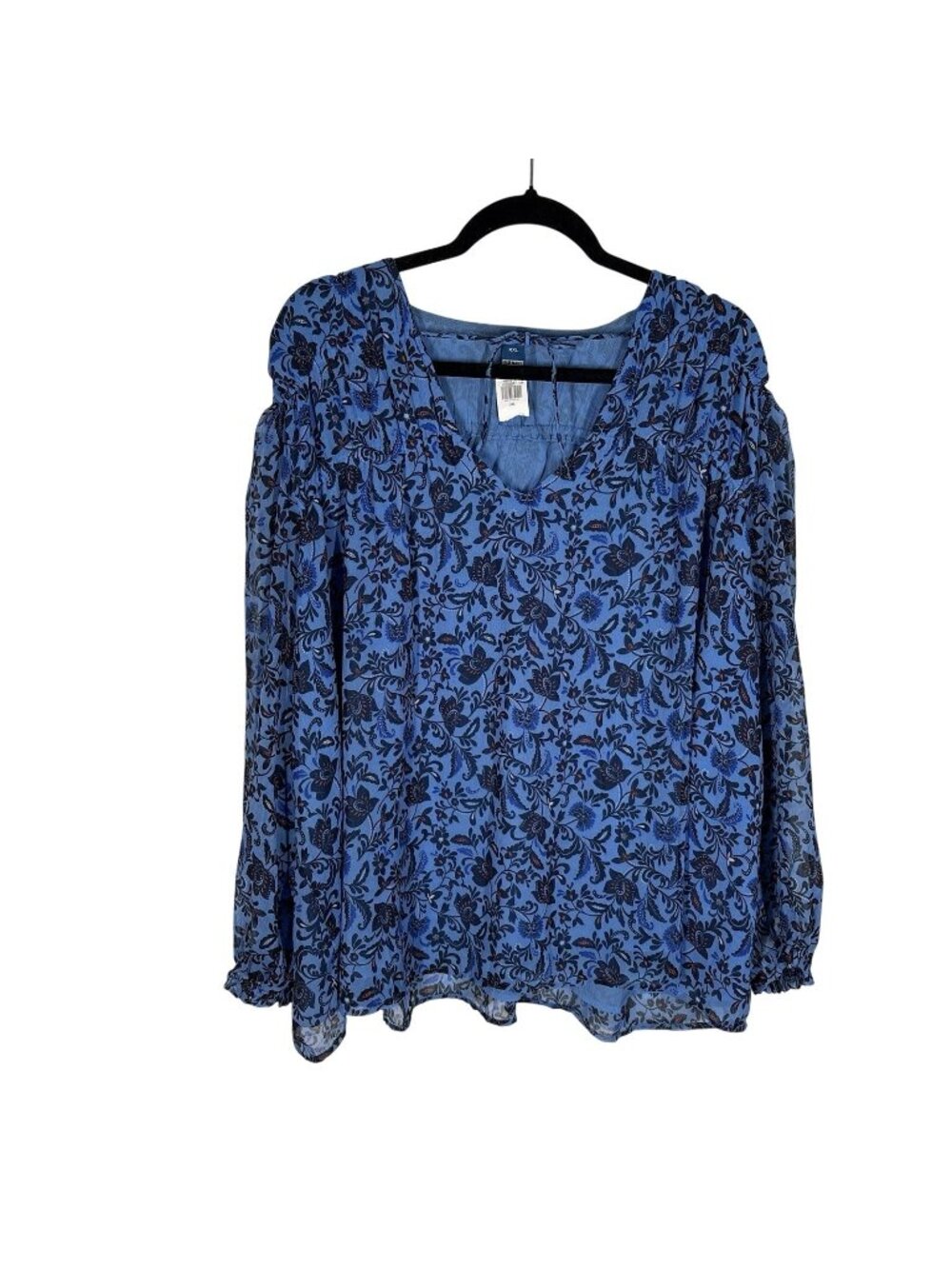 Old Navy Womn XXL Blue Floral Boho Peasant Chiffon Smocked Poet Swing Blouse NWT - Picture 2 of 11